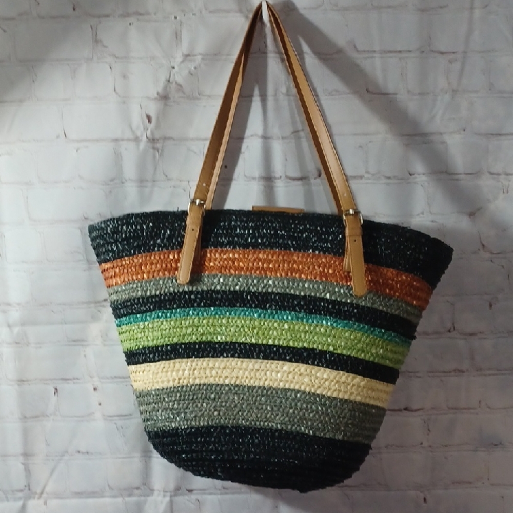 Wheat Straw  Striped Multicolor Tote Bag New  15 x15